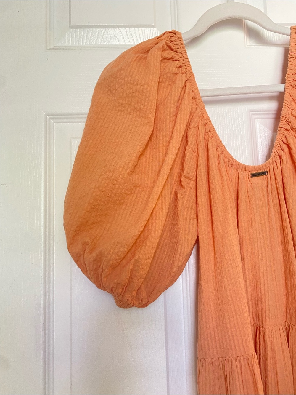 Billabong Endless Shore Puffed Sleeves Orange Tan Tiered Ribbed Maxi Dress M - Picture 7 of 10